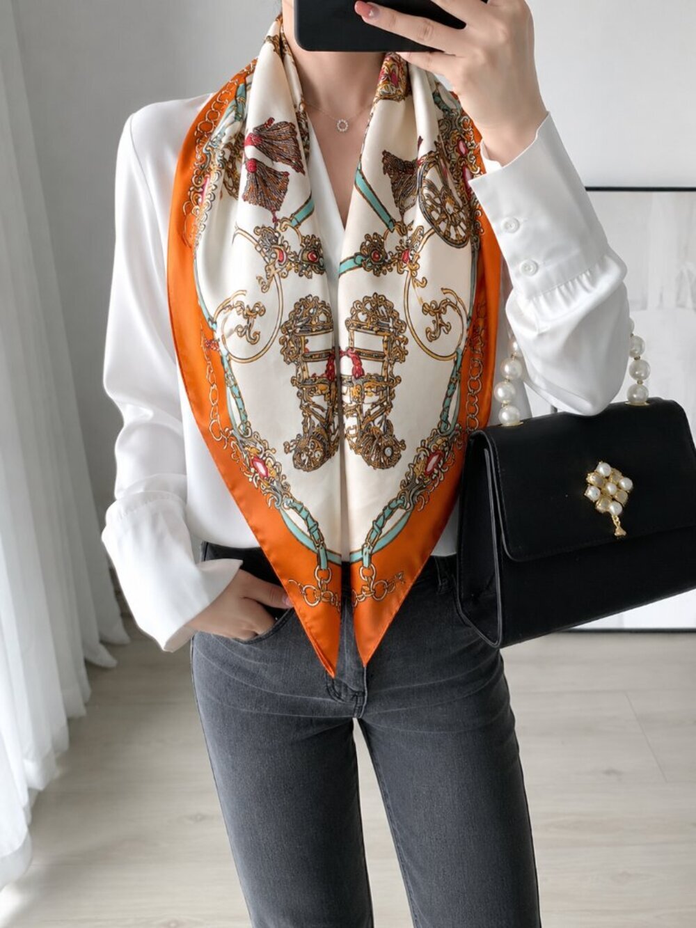 2/$30 NEW Cream Orange Nautical Antique Gold Baroque Printed Silky Fashion Scarf